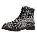 White And Black Knitted Pattern Print Padded Collar Lace Up Boots