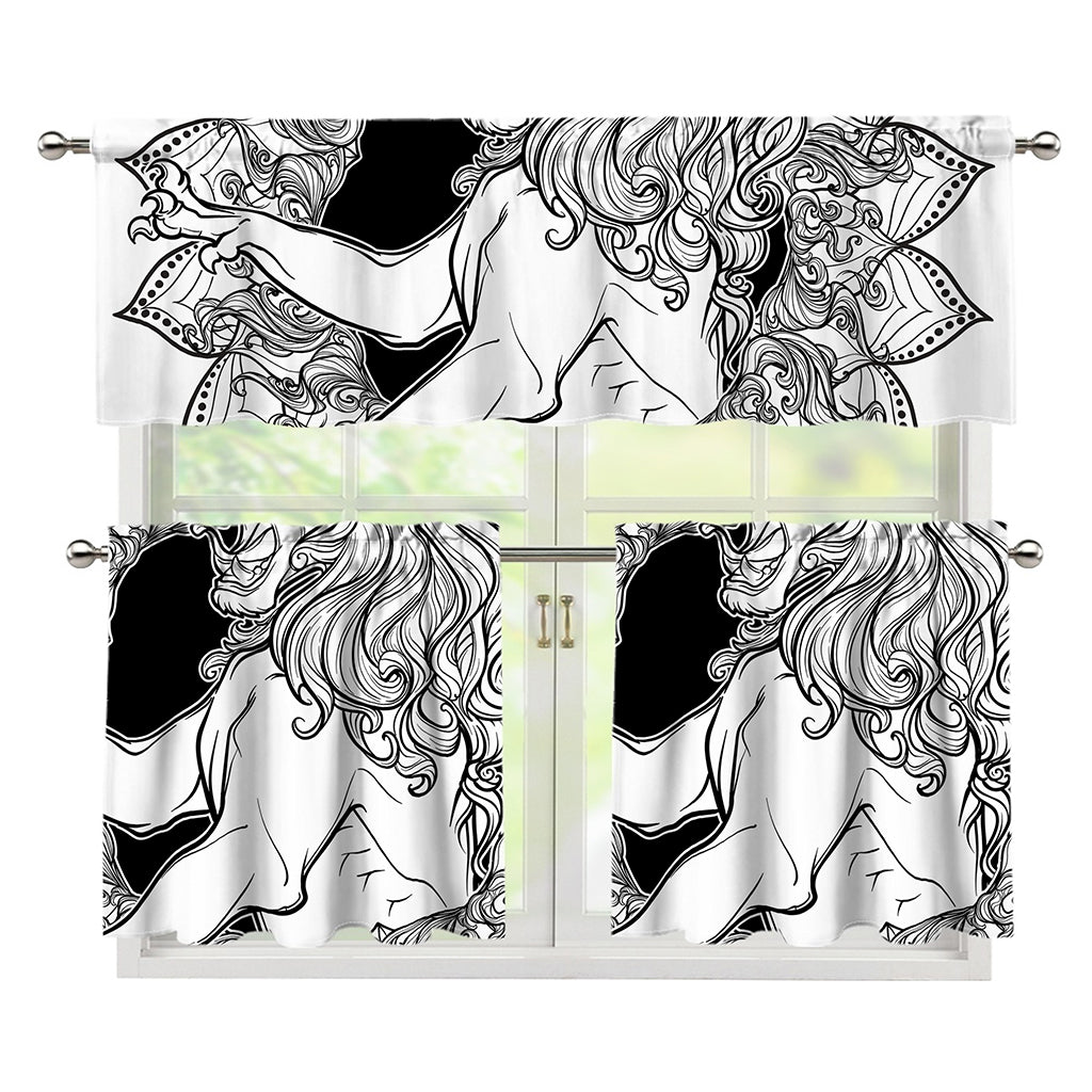 White And Black Leo Sign Print 3 Piece Kitchen Curtains
