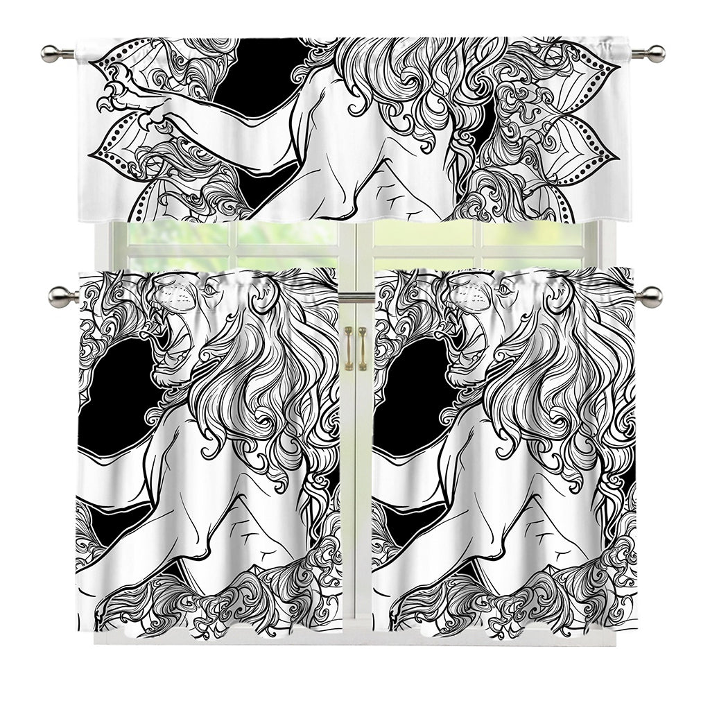 White And Black Leo Sign Print 3 Piece Kitchen Curtains