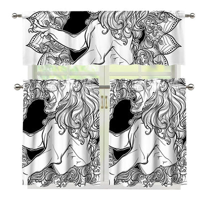 White And Black Leo Sign Print 3 Piece Kitchen Curtains