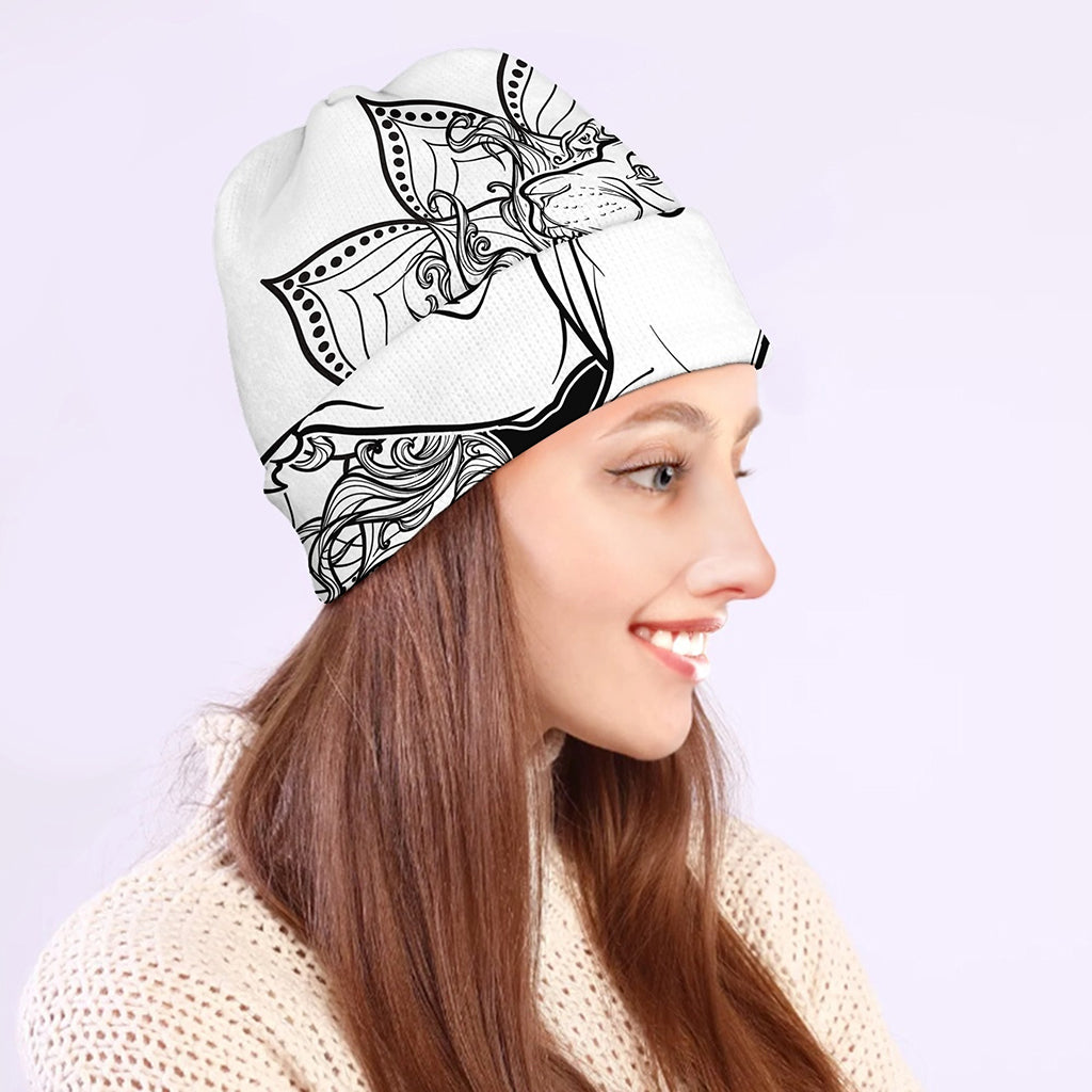 White And Black Leo Sign Print Beanie