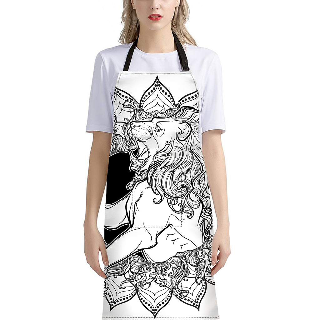 White And Black Leo Sign Print Bib Apron With Pocket