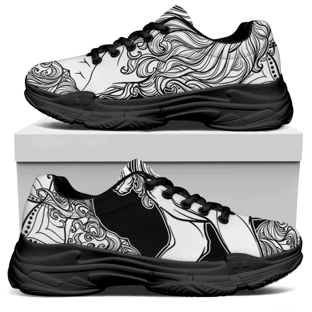 White And Black Leo Sign Print Black Chunky Shoes