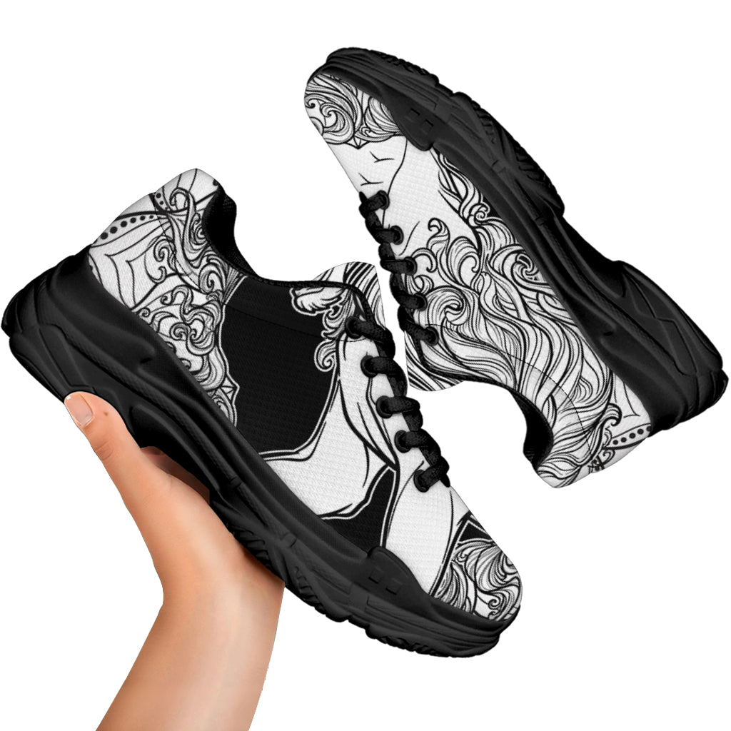 White And Black Leo Sign Print Black Chunky Shoes