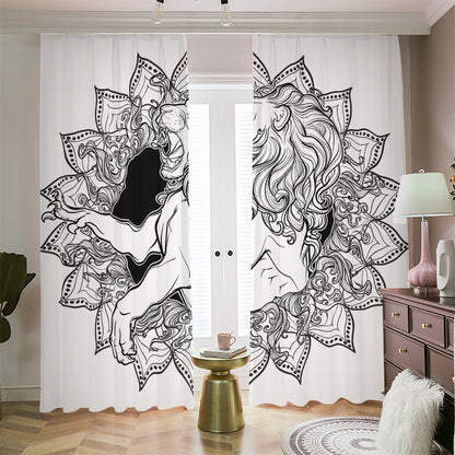White And Black Leo Sign Print Blackout Pencil Pleat Curtains