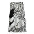 White And Black Leo Sign Print Cotton Front Slit Maxi Skirt