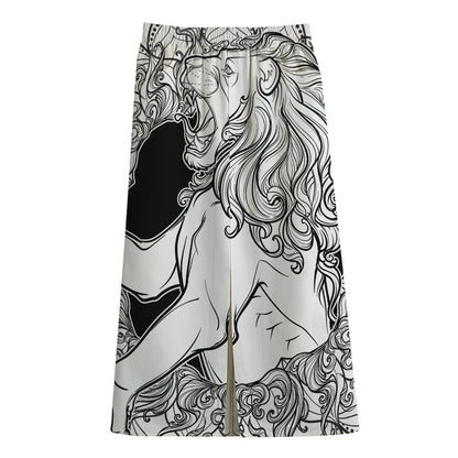 White And Black Leo Sign Print Cotton Front Slit Maxi Skirt