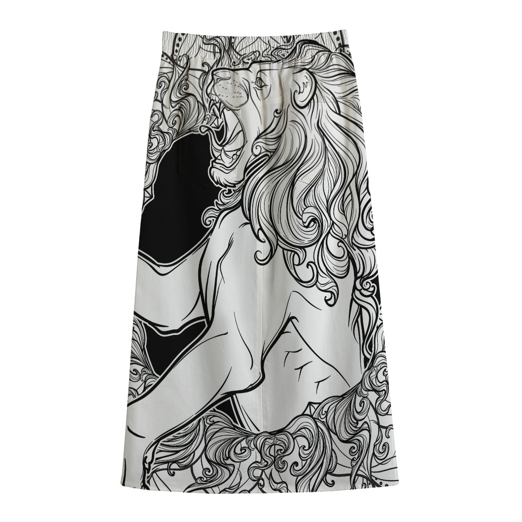 White And Black Leo Sign Print Cotton Front Slit Maxi Skirt