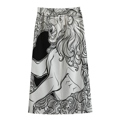 White And Black Leo Sign Print Cotton Front Slit Maxi Skirt