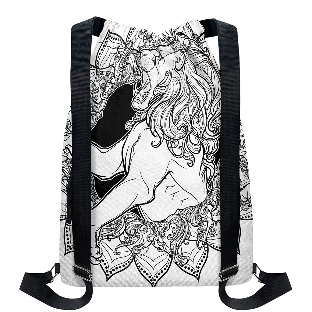 White And Black Leo Sign Print Drawstring Backpack