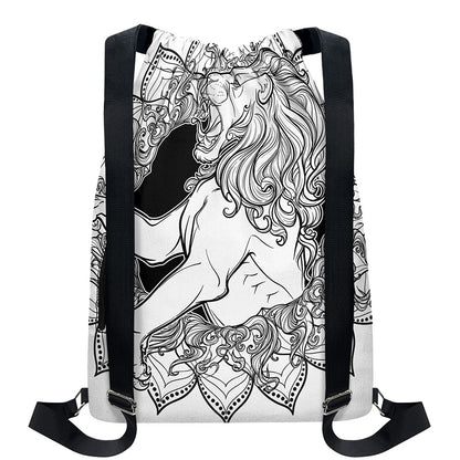 White And Black Leo Sign Print Drawstring Backpack