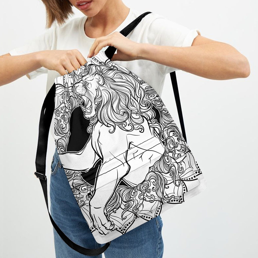 White And Black Leo Sign Print Drawstring Backpack
