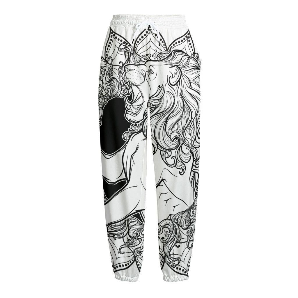 White And Black Leo Sign Print Fleece Lined Knit Pants