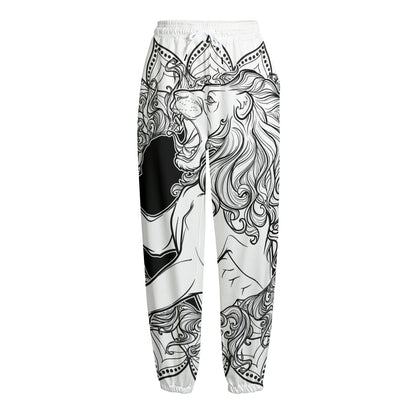 White And Black Leo Sign Print Fleece Lined Knit Pants