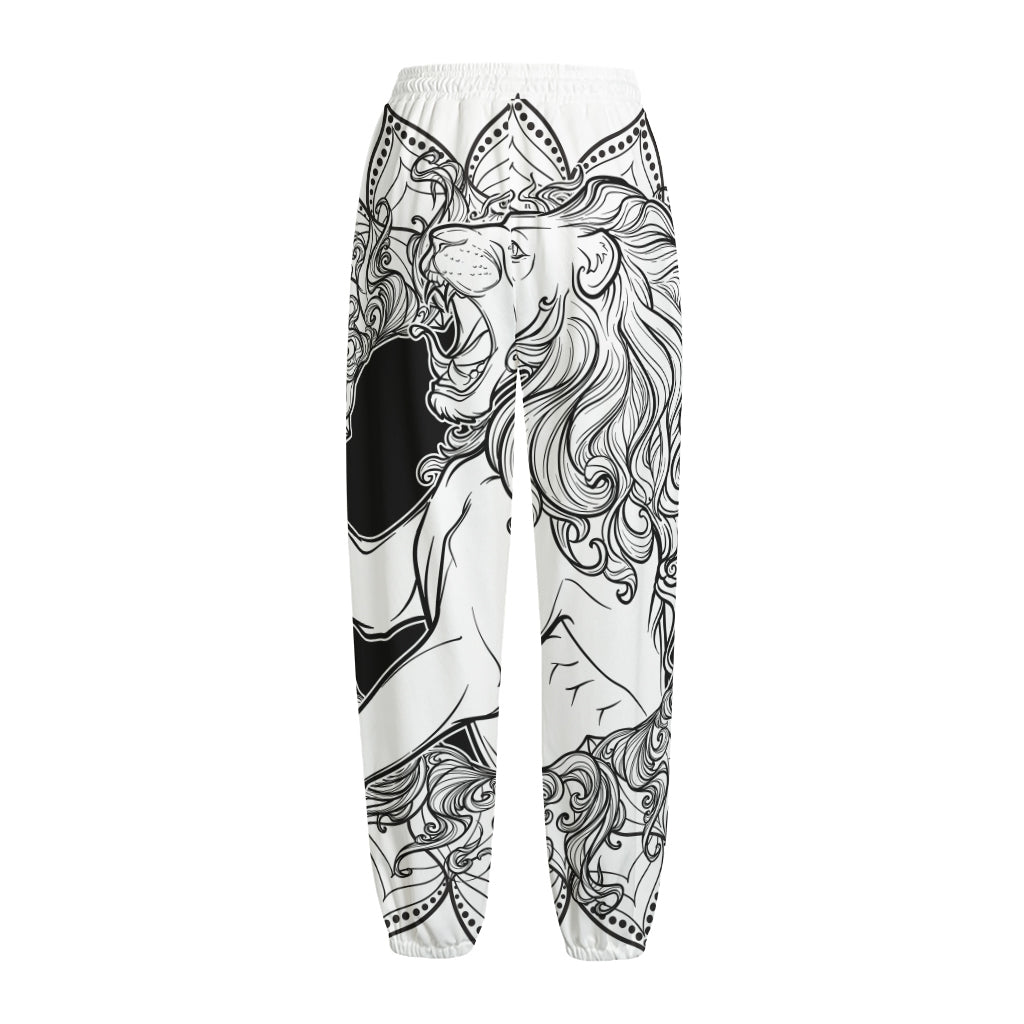White And Black Leo Sign Print Fleece Lined Knit Pants