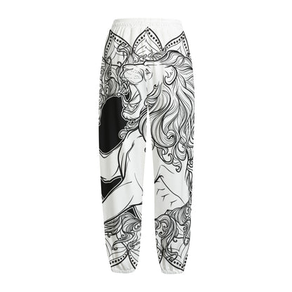 White And Black Leo Sign Print Fleece Lined Knit Pants