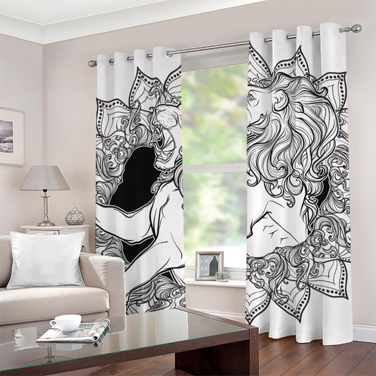 White And Black Leo Sign Print Grommet Curtains