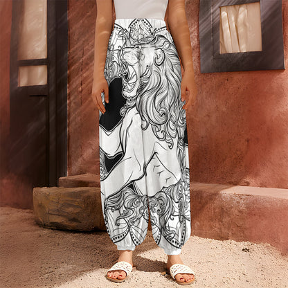 White And Black Leo Sign Print Harem Pants