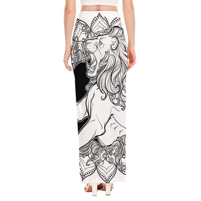 White And Black Leo Sign Print High Slit Maxi Skirt