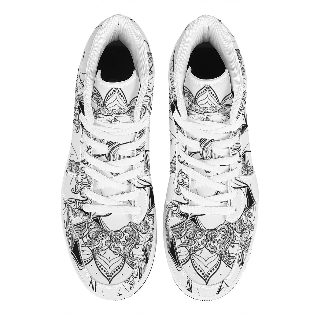 White And Black Leo Sign Print High Top Leather Sneakers