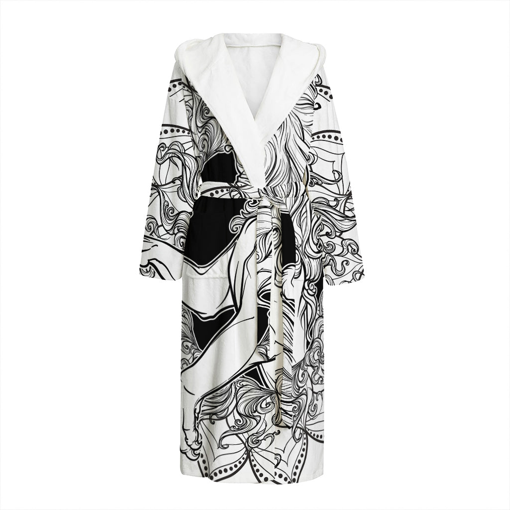 White And Black Leo Sign Print Hooded Bathrobe