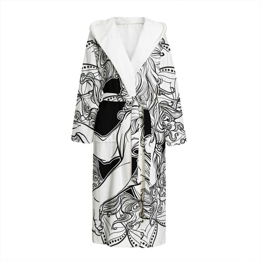 White And Black Leo Sign Print Hooded Bathrobe