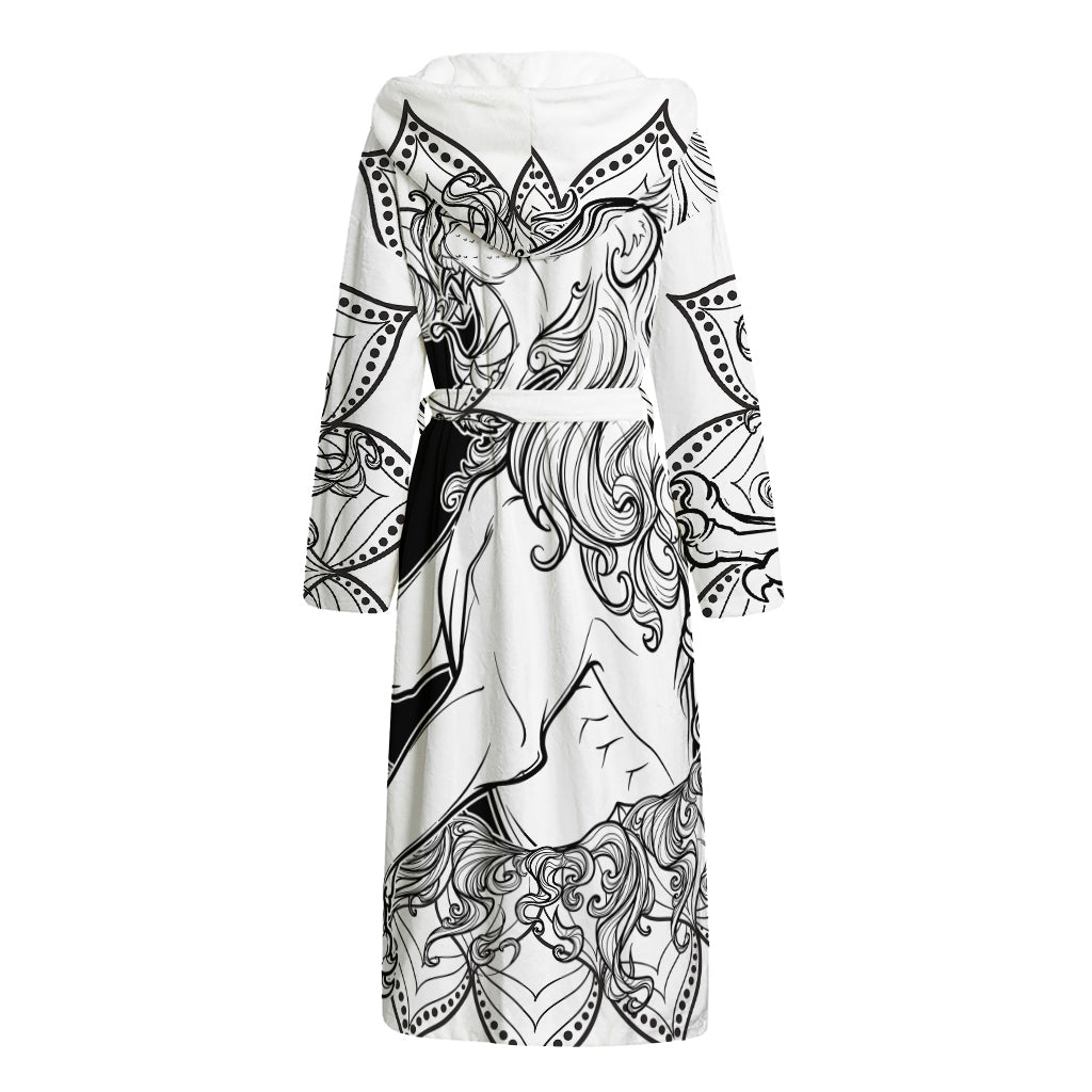 White And Black Leo Sign Print Hooded Bathrobe