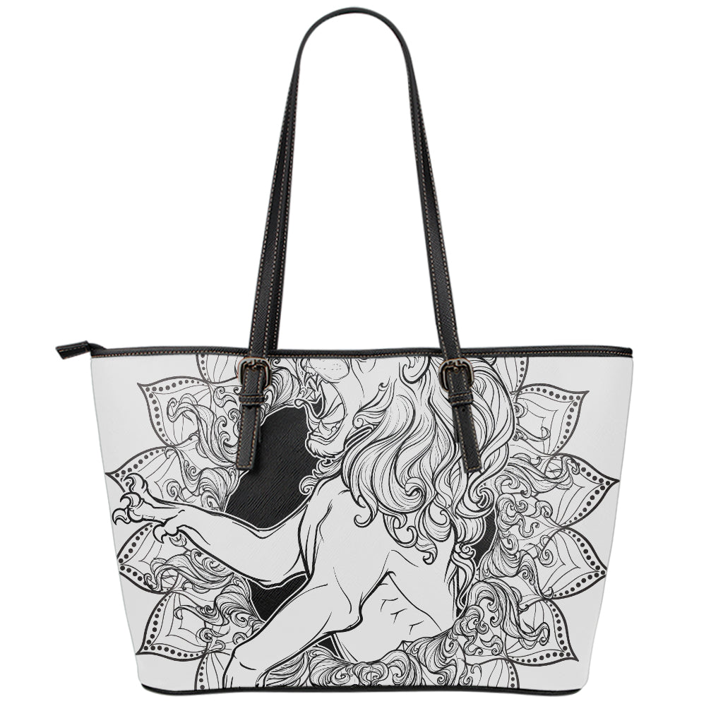 White And Black Leo Sign Print Leather Tote Bag