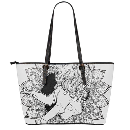 White And Black Leo Sign Print Leather Tote Bag