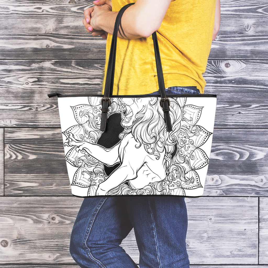 White And Black Leo Sign Print Leather Tote Bag