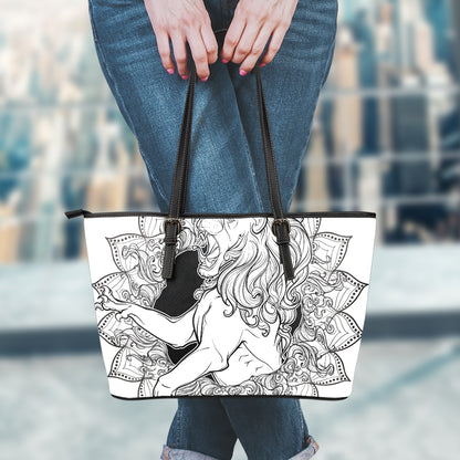 White And Black Leo Sign Print Leather Tote Bag
