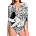 White And Black Leo Sign Print Long Sleeve Swimsuit