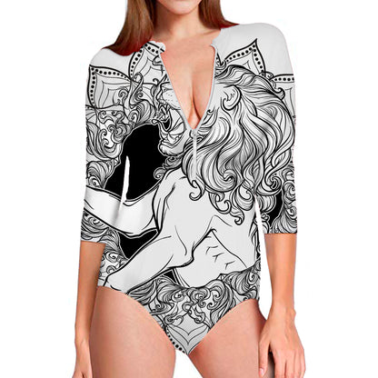 White And Black Leo Sign Print Long Sleeve Swimsuit