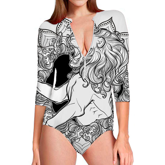 White And Black Leo Sign Print Long Sleeve Swimsuit