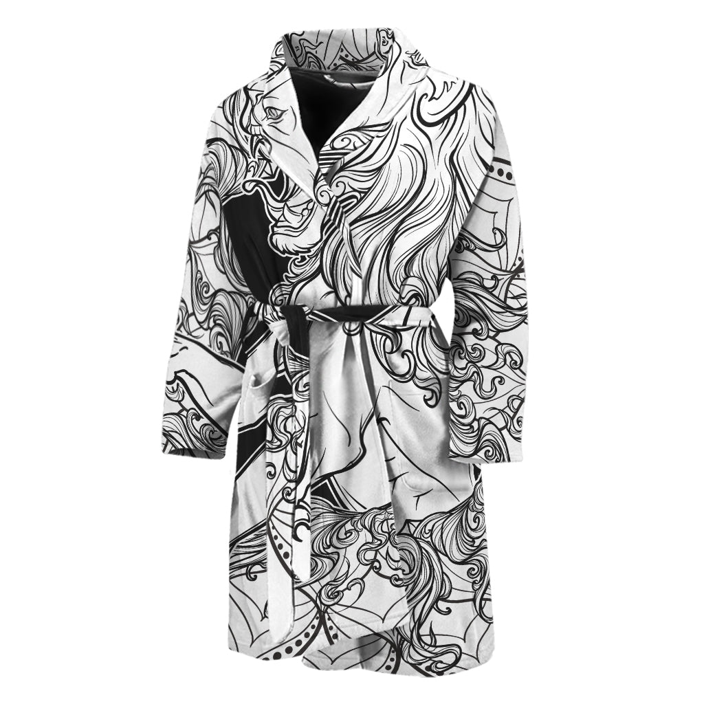 White And Black Leo Sign Print Men's Bathrobe