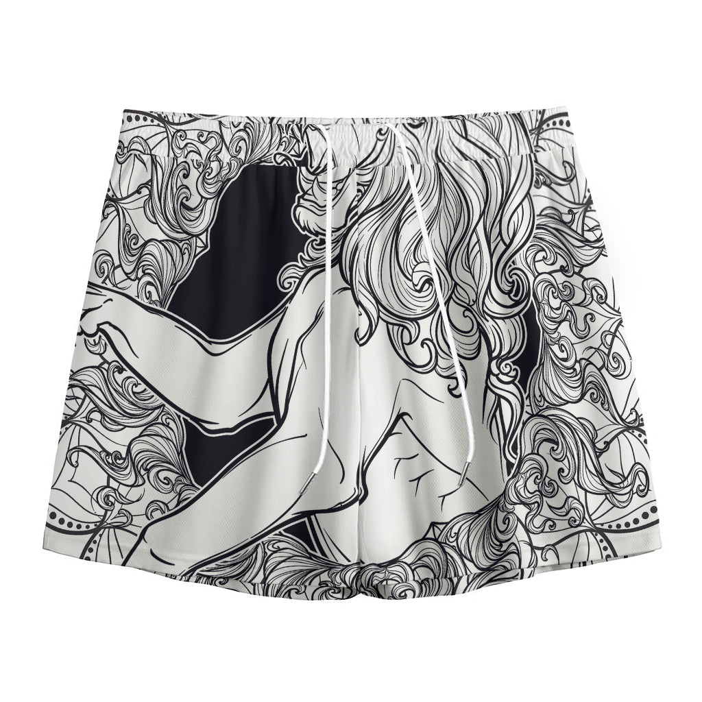 White And Black Leo Sign Print Mesh Shorts