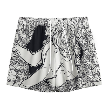 White And Black Leo Sign Print Mesh Shorts