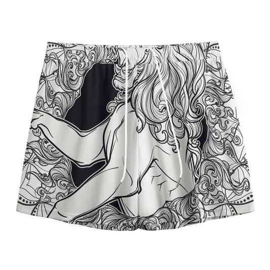 White And Black Leo Sign Print Mesh Shorts