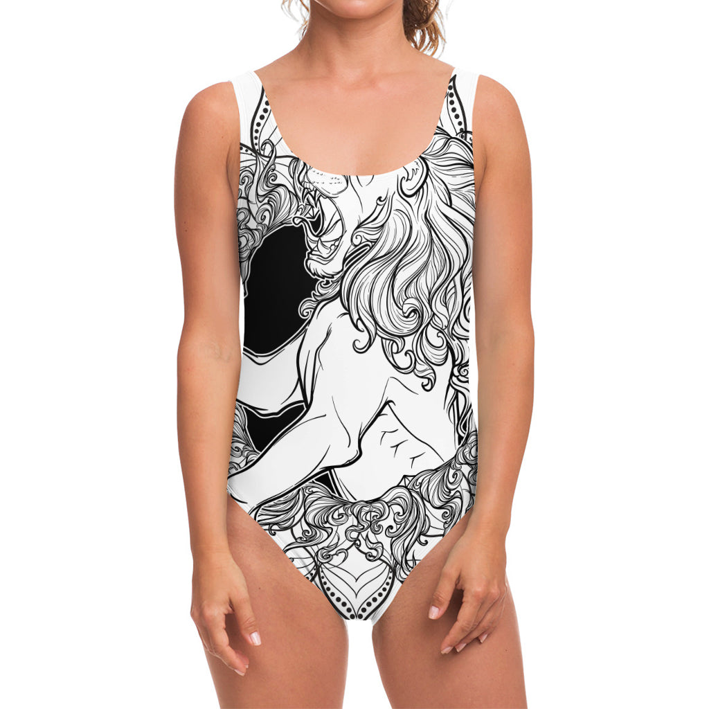 White And Black Leo Sign Print One Piece Swimsuit