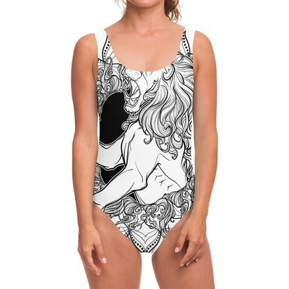 White And Black Leo Sign Print One Piece Swimsuit