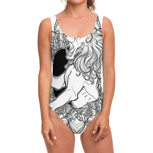 White And Black Leo Sign Print One Piece Swimsuit