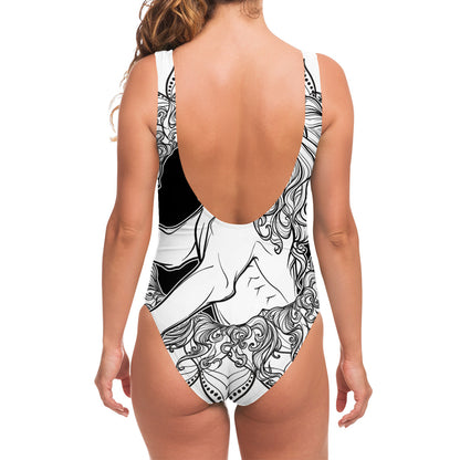 White And Black Leo Sign Print One Piece Swimsuit
