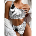 White And Black Leo Sign Print One Shoulder Bikini Set