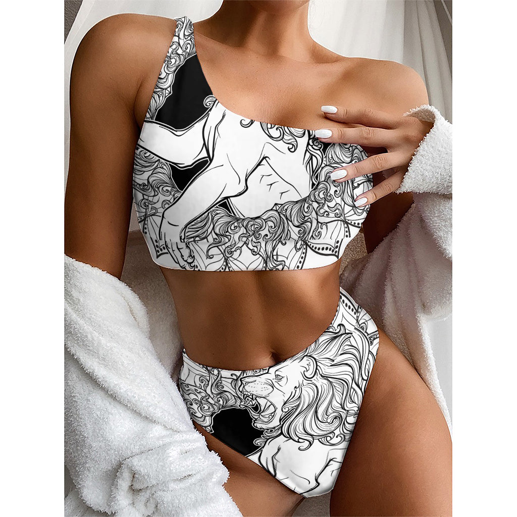 White And Black Leo Sign Print One Shoulder Bikini Top