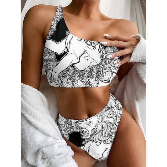 White And Black Leo Sign Print One Shoulder Bikini Top