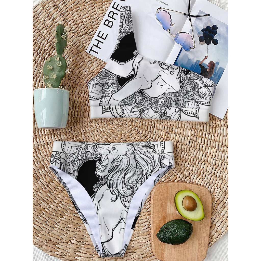 White And Black Leo Sign Print One Shoulder Bikini Top