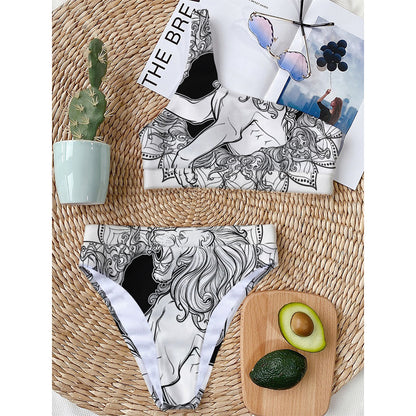 White And Black Leo Sign Print One Shoulder Bikini Top