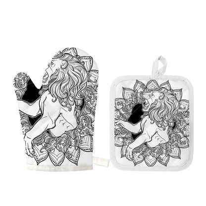White And Black Leo Sign Print Oven Mitt And Pot Holder Set