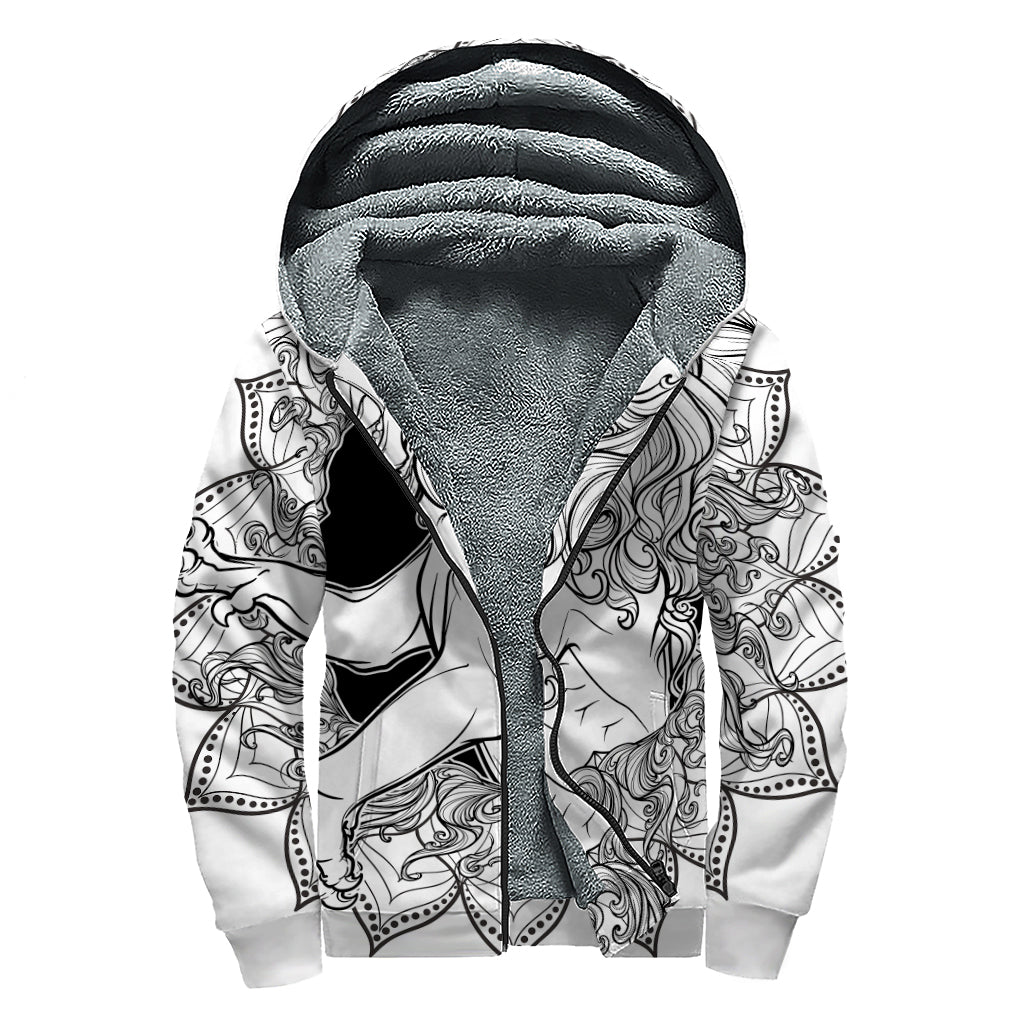 White And Black Leo Sign Print Sherpa Lined Zip Up Hoodie