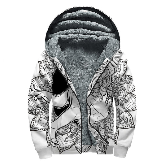 White And Black Leo Sign Print Sherpa Lined Zip Up Hoodie